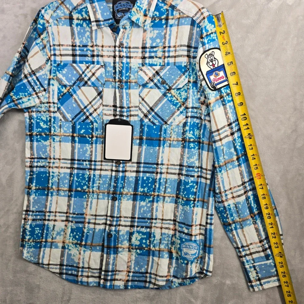 Angry Minnow Clothing Co Mens medium Long Sleeve Plaid Flannel Shirt Hamm's Beer